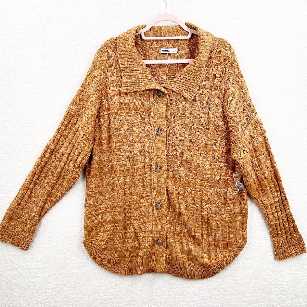 Sonoma Cable Knit Camel Brown Soft Long Collar Button Down  Cardigan Sweater XL